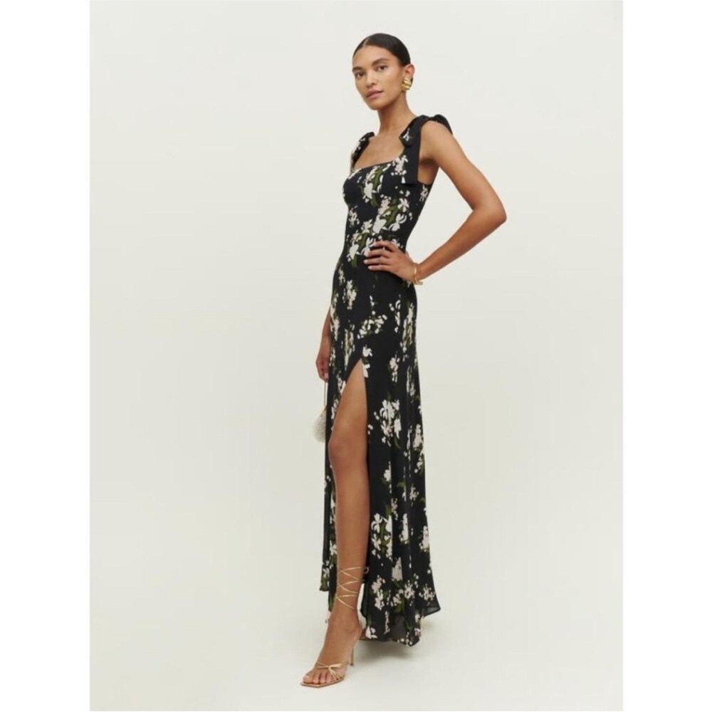 Reformation Black Westerly Maxi Dress with Floral Orchid Design